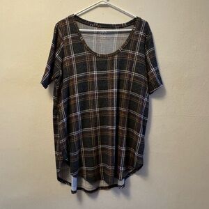 Women's Plaid Short-Sleeve Scoop Neck Top - Brown/Black size XL